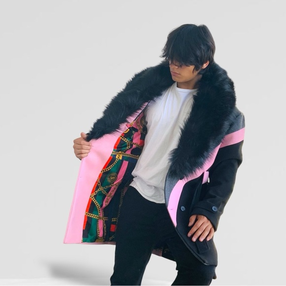 Men’s Pink | Grey | Black Double Breast Coat with Faux Fur NWT - Picture 2 of 9